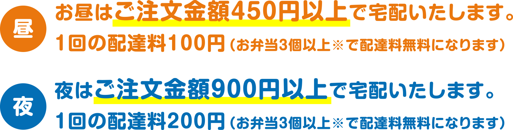 大分市の宅配弁当・営業時間｜お昼はご注文金額450円以上で宅配いたします。夜はご注文金額900円以上で宅配いたします。