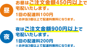 大分市の宅配弁当・営業時間｜お昼はご注文金額450円以上で宅配いたします。夜はご注文金額900円以上で宅配いたします。